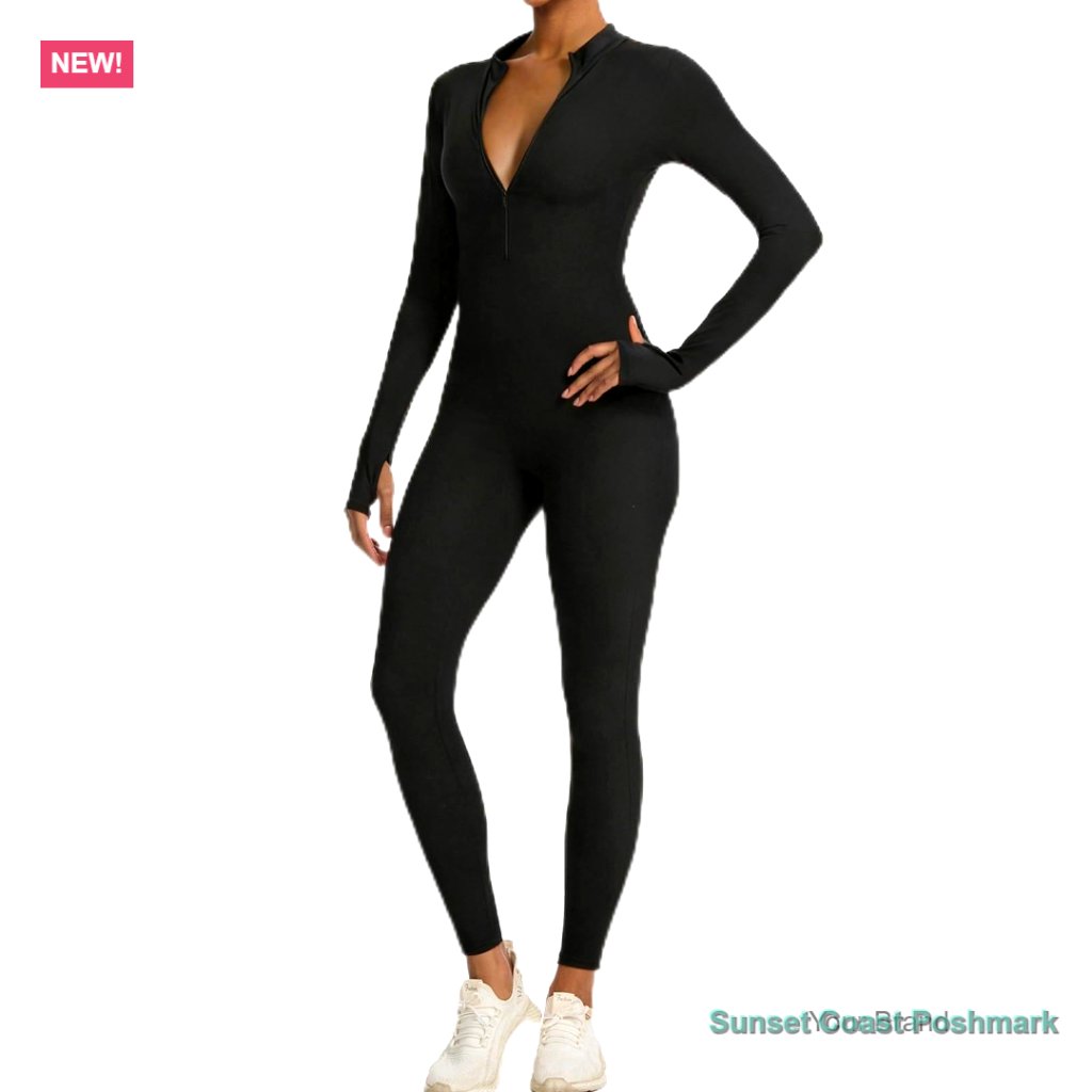 Nylon Spandex Blend Long Sleeve Jumpsuit Front Zip Bodycon Unitard